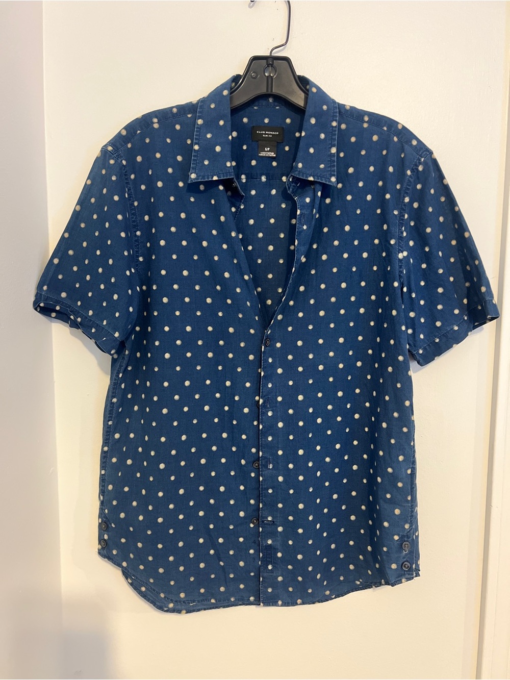 Club Monaco Blue Short Sleeve Polka Dot Button-Down Shirt